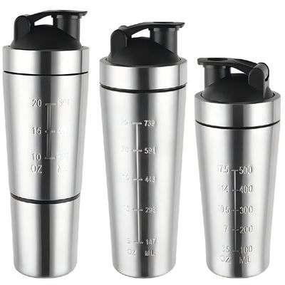 comprar 500/750ML Fácil de llevar Plata Acero inoxidable Protein Shaker personalizado Botella Acero inoxidable Gym Shaker con bola de mezcla libre de BPA boca ancha online manufacture