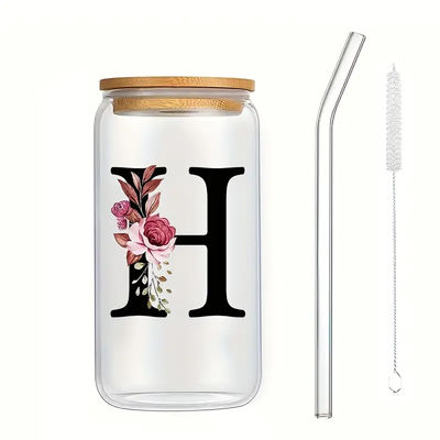 comprar Exquisito logotipo personalizado botella de agua de vidrio de sublimación de 16 oz letras florales claras lata de Coca-Cola vasos de vidrio con tapa de bambú y paja 8 * 15cm online manufacture