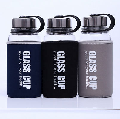 comprar 850 ml/1000 ml Botellas de vidrio deportivas de gran tamaño Durables de alto borosilicato Botella de agua de vidrio irrompible de 1 litro con manga de nylon contra fugas y derrames online manufacture