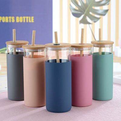 comprar Impresionante Estética de alta borosilicato de vidrio puede en forma de taza de vidrio taza de café con tapa de paja de bambú para la oficina de gran capacidad fácil de usar en la vida diaria online manufacture