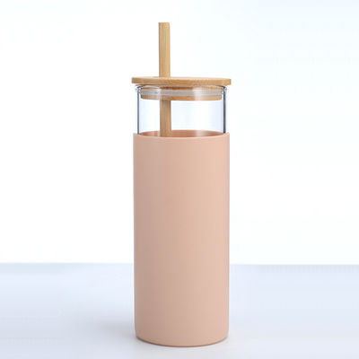 comprar Personalización botellas de bebida de vidrio de 16 oz copas de café de vidrio con tapas de bambú paja de bambú diseño de manga de silicona a prueba de fugas y salpicaduras online manufacture