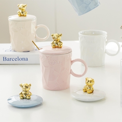 comprar Juego de Tazas de Cerámica Premium con Tapa de Oso de Peluche Dorado, Taza de Cerámica para Niñas Osito y Boquilla 300ml online manufacture
