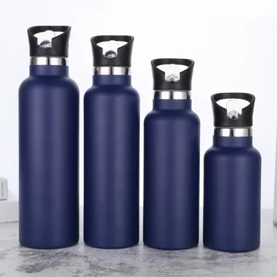 comprar Botellas de agua de acero inoxidable negras de 24 onzas de vacío aislado de doble pared botella de viaje con tapa de paja a prueba de fugas de mango de metal reutilizable botella de boca estándar termo para excursionistas escolares online manufacture