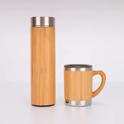 comprar 500ml Logotipo personalizado Botella de bebida de fibra de bambú de madera con filtro de taza de vacío Botellas de agua con tapa de bambú Infusor de té Fabricación en línea