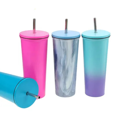 comprar Reutilizables 700ml de boca ancha Logotipo personalizado Tumblers de acero inoxidable Taza de viaje personalizada de acero inoxidable con paja Construcción de vacío de doble pared Fabricación en línea