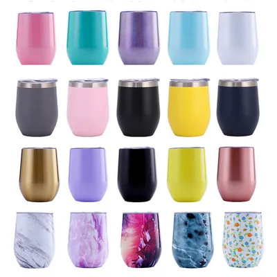 comprar 12 Oz de vino aislado con tapa y paja de acero inoxidable sin tallo de vino tumbler Fabricación en línea