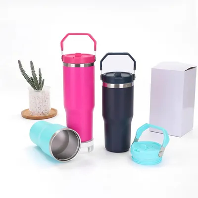 comprar 30 oz tumbler con mango y tapa de paja a prueba de fugas doble aislado 30 oz copa de acero inoxidable Fabricación en línea