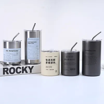 comprar Tumbler Copo de café de acero inoxidable aislante con tapa y paja estilo americano portátil exterior con acompañamiento de paja copas de agua selladas de doble pared botella de viaje Fabricación en línea