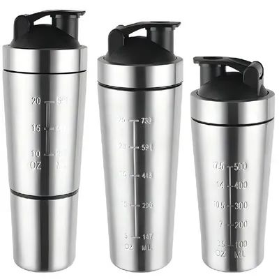 comprar 500/750ML Fácil de llevar Plata Acero inoxidable Protein Shaker personalizado Botella Acero inoxidable Gym Shaker con bola de mezcla libre de BPA boca ancha Fabricación en línea
