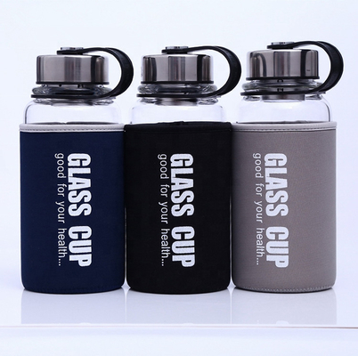 comprar 850 ml/1000 ml Botellas de vidrio deportivas de gran tamaño Durables de alto borosilicato Botella de agua de vidrio irrompible de 1 litro con manga de nylon contra fugas y derrames online manufacture