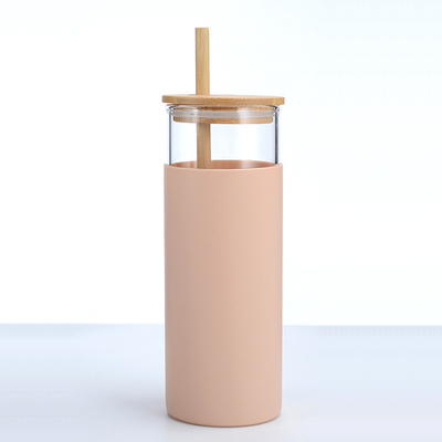 comprar Personalización botellas de bebida de vidrio de 16 oz copas de café de vidrio con tapas de bambú paja de bambú diseño de manga de silicona a prueba de fugas y salpicaduras online manufacture