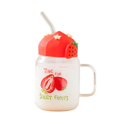 Taza de vidrio transparente de verano para fruta, taza de vidrio de alta temperatura, linda, de gran capacidad, con tapa y pajita, para estudiantes y niñas, taza para desayuno con leche