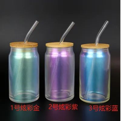 Tazas de vidrio de color con tapas y pajillas 18 oz de vidrio borosilicato Tazas de café helado batido con tapa de bambú Tazas de vidrio de paja reutilizables de vidrio de colores 4 paquetes