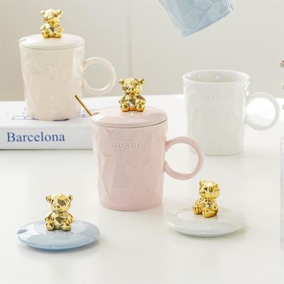 Juego de Tazas de Cerámica Premium con Tapa de Oso de Peluche Dorado, Taza de Cerámica para Niñas Osito y Boquilla 300ml