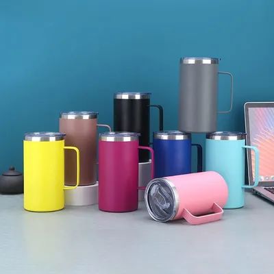 Taza de cerveza con aislamiento al vacío a prueba de fugas para beber directamente, de acero inoxidable de doble pared, con asa y tapa, fácil de sujetar, múltiples opciones de color