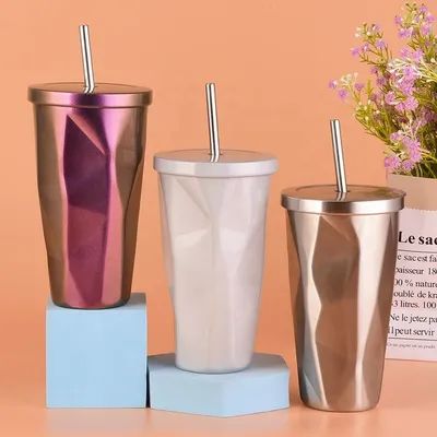 Diseño de moda 480ml personalizado taza de acero inoxidable con paja estilo rural Gradiente irregular taza de té de acero inoxidable para viajar