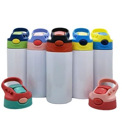 Niños Sublimación Tumbler 12 oz Sublimación Bebés Botella de agua con un solo clic Pop-Up tapa de paja y mango de acero inoxidable aislado Sublimación Niños Sippy Tazas en blanco con películas de contracción