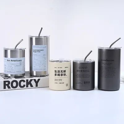 Tumbler Copo de café de acero inoxidable aislante con tapa y paja estilo americano portátil exterior con acompañamiento de paja copas de agua selladas de doble pared botella de viaje