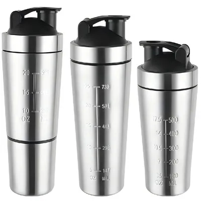500/750ML Fácil de llevar Plata Acero inoxidable Protein Shaker personalizado Botella Acero inoxidable Gym Shaker con bola de mezcla libre de BPA boca ancha