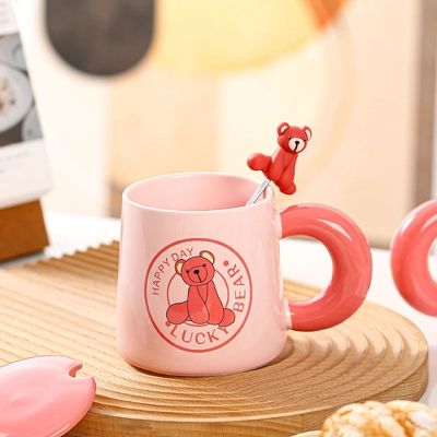 Taza de cerámica con tapa y cuchara de oso 300ml Calentamiento USB