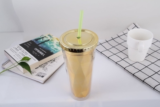 650ml de doble capa electroplacado plástico copa de paja verano con tapa copa de agua transparente copa de jugo creativo